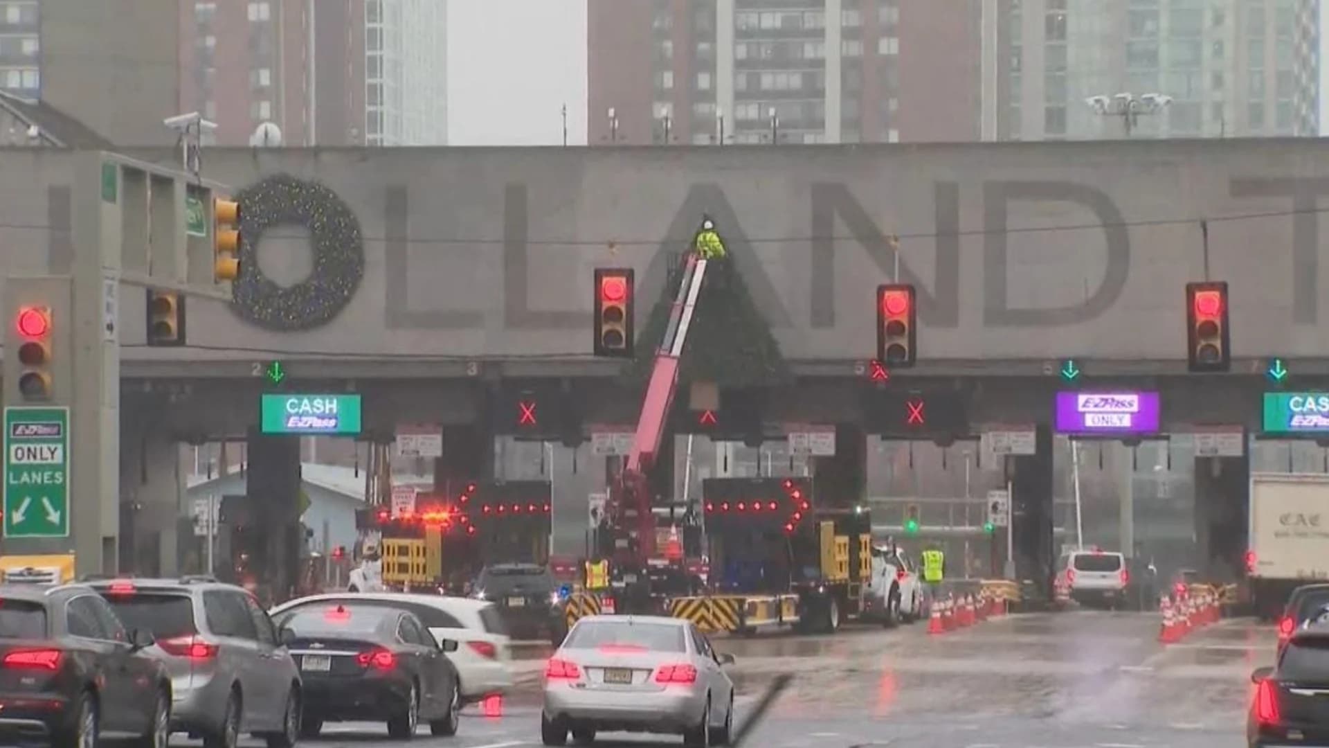 Repositioned Christmas decorations put up outside Holland Tunnel