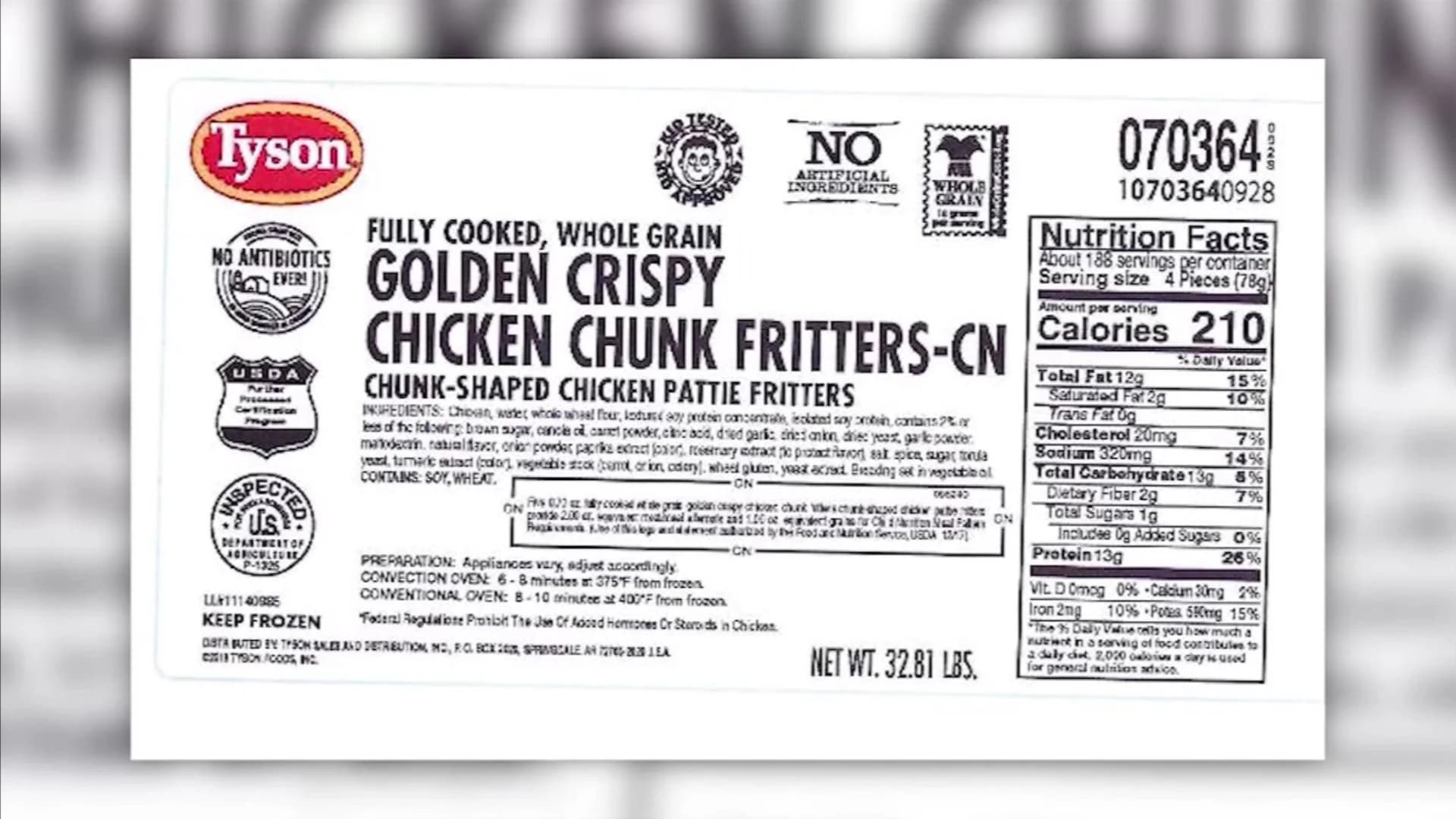 Tyson Foods recalls over 190K pounds of chicken fritters